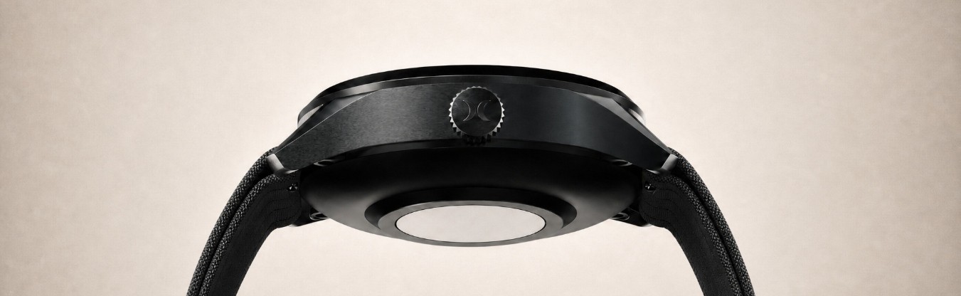 Profile view of the arc hybrid watch, matte black case with a knurled crown and sensor caseback, floating on a warm cream background