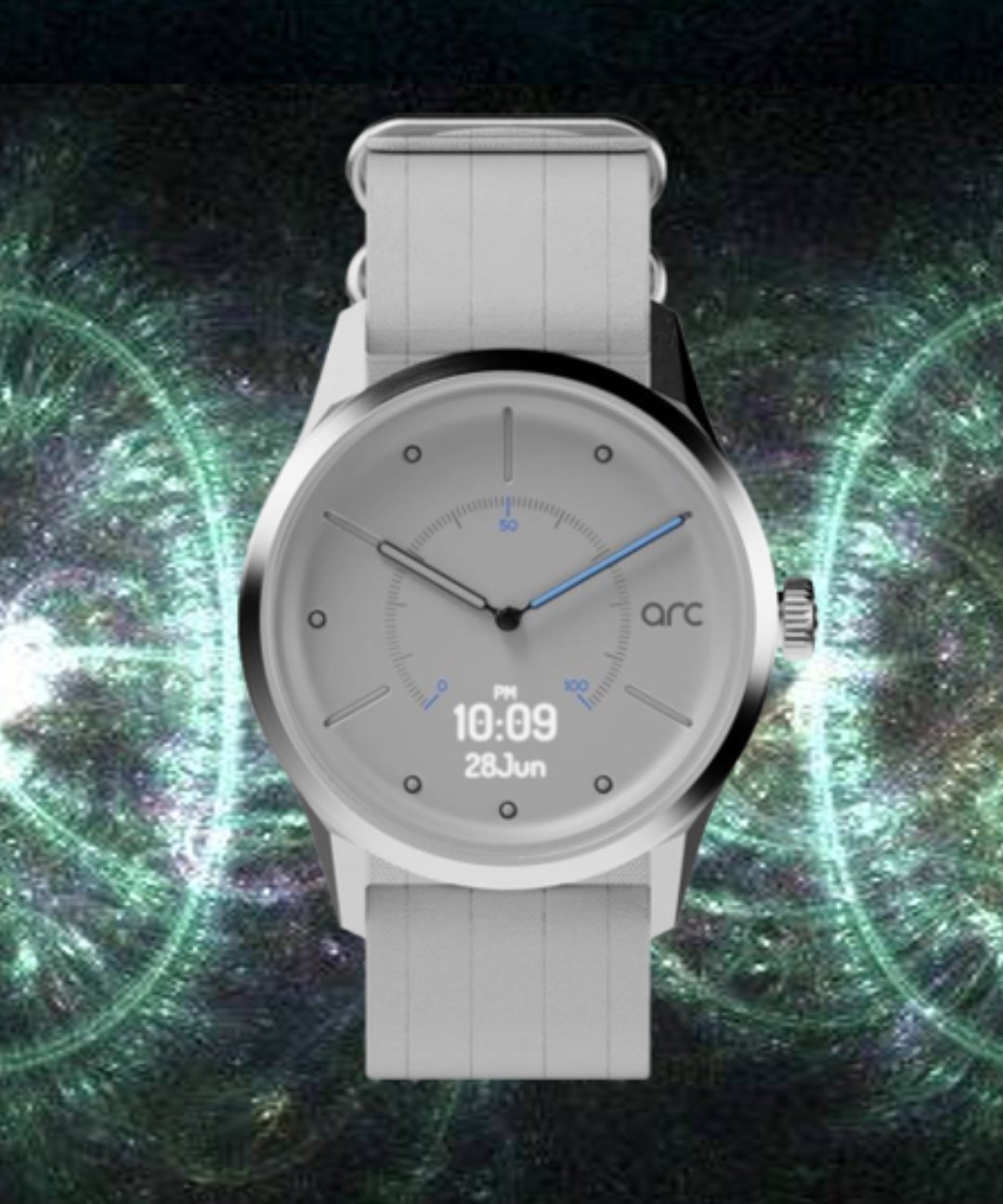 arc Air hybrid watch, polished silver case on an ethereal backdrop