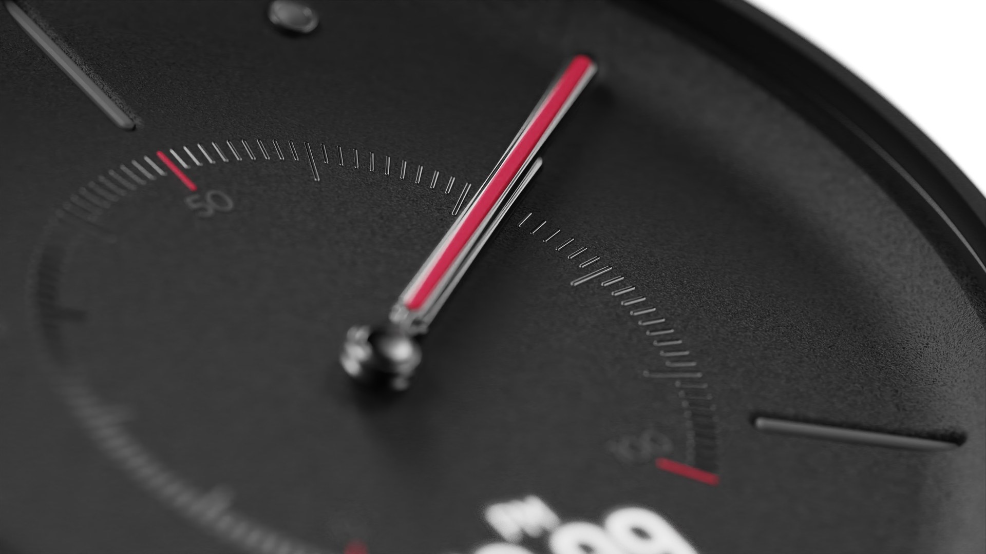 Macro detail of the arc hybrid watch dial, matte black face with red-accent hands and a precision minute track