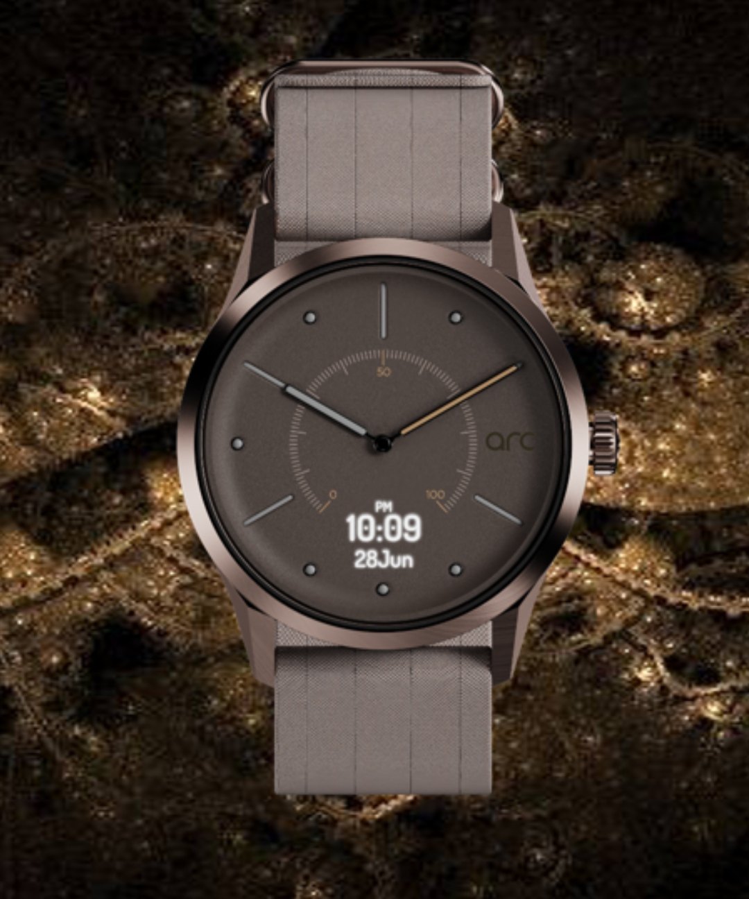 arc Earth hybrid watch, gunmetal case on an earthy backdrop