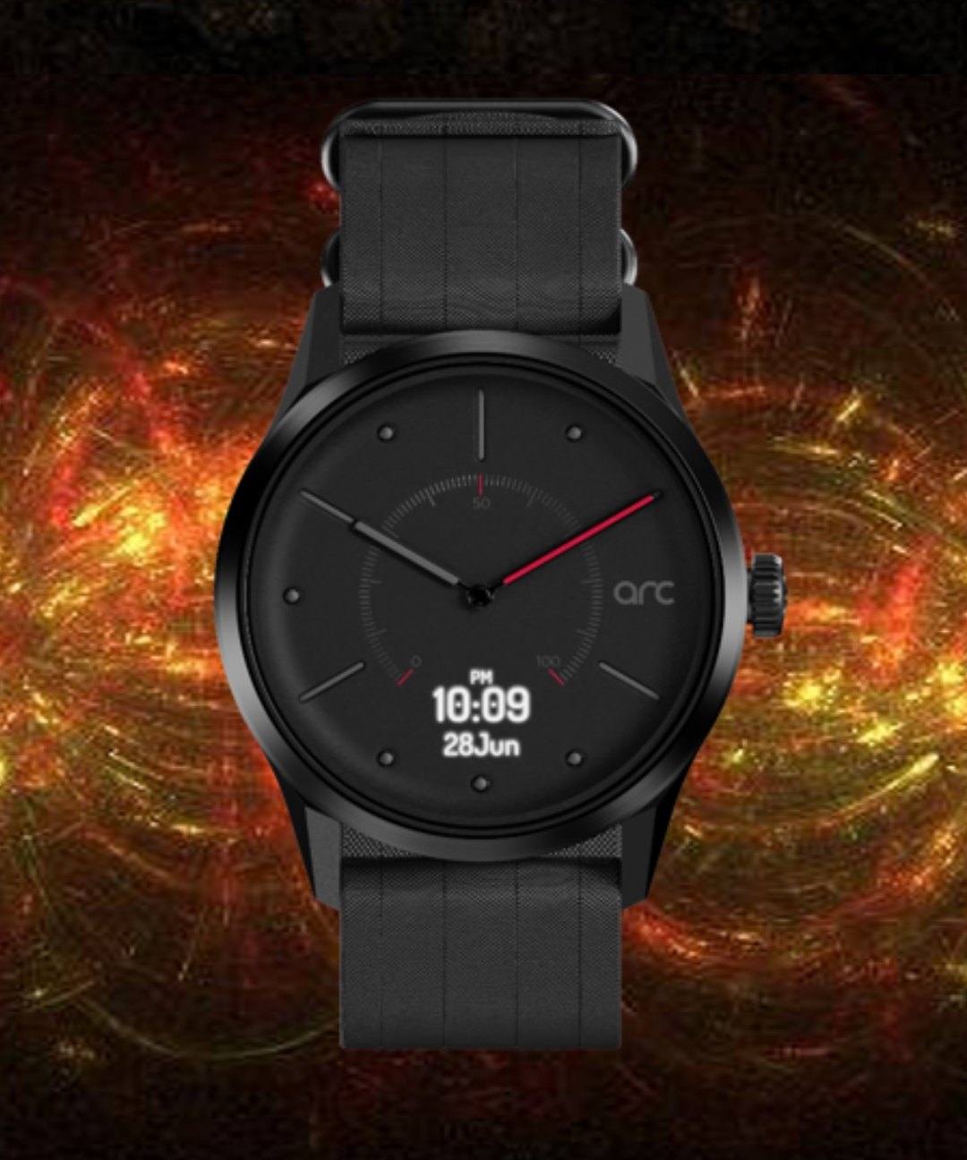 arc Fire hybrid watch, matte black case with red accent on a fiery backdrop