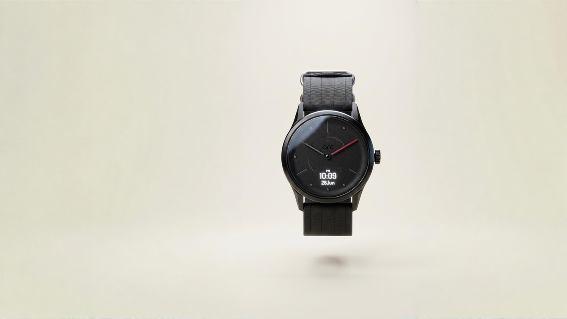 arc minimalist hybrid smartwatch with a clean black dial and black leather strap, floating on a soft warm cream background