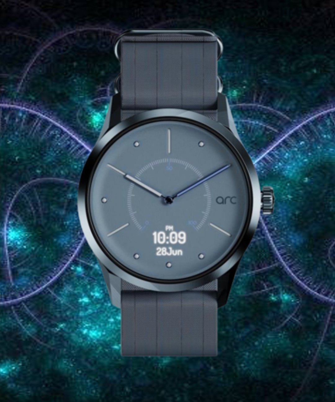 arc Water hybrid watch, steel-blue case on a cosmic teal backdrop