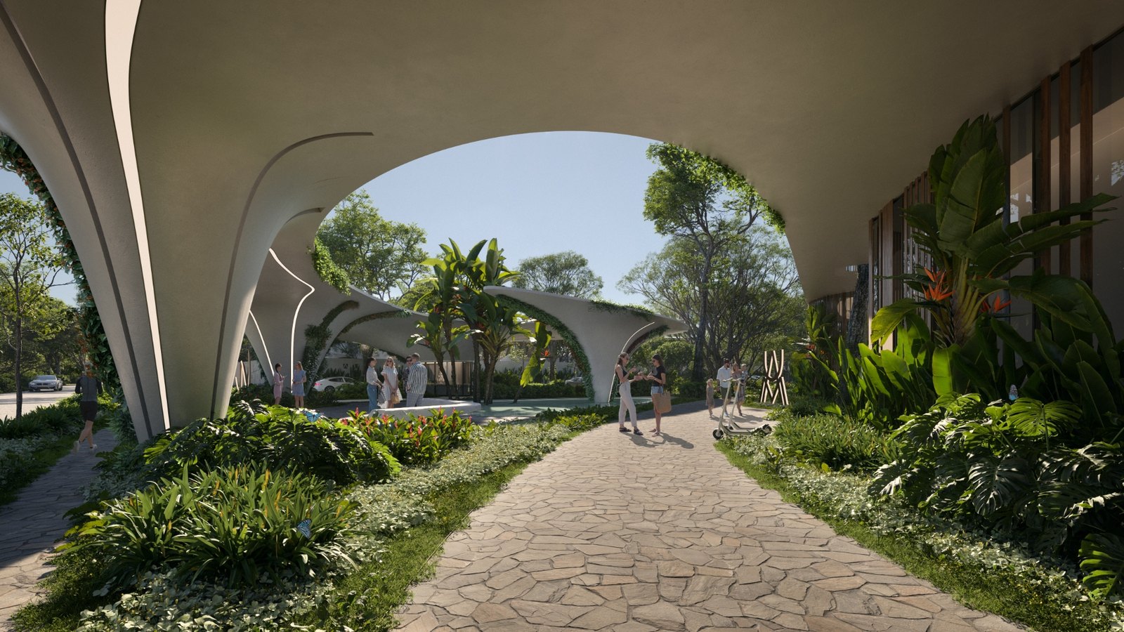 Pininfarina-designed Aldea Uh May architecture in Mexico, sculptural organic concrete arches over a tropical garden walkway