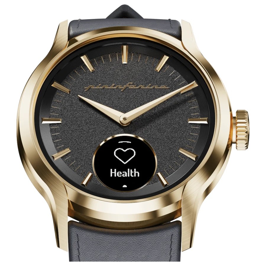 Pininfarina Senso hybrid smartwatch in polished gold with a textured dark grey dial, Health sub-display and grey leather strap