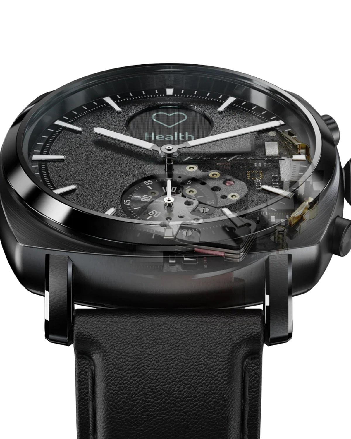 Black hybrid watch with an analogue dial and a cutaway revealing the smart electronics inside